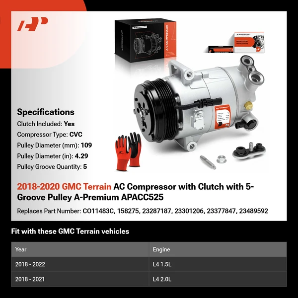 2018-2020 GMC Terrain AC Compressor with Clutch with 5-Groove Pulley A-Premium APACC525