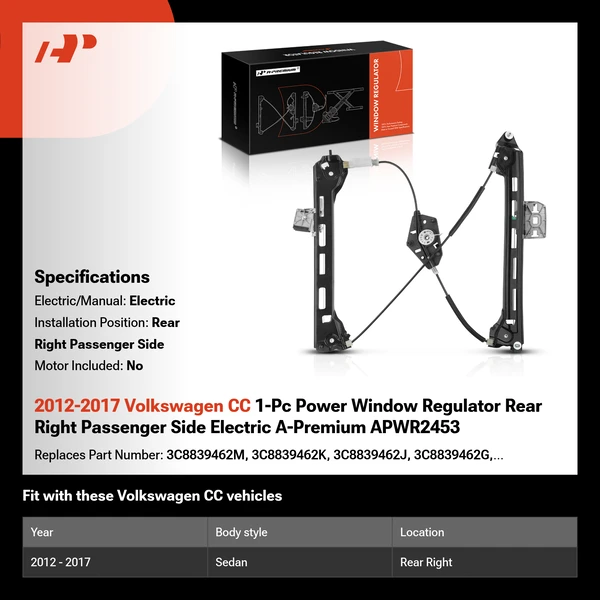 2012-2017 Volkswagen CC 1-Pc Power Window Regulator Rear Right Passenger Side Electric A-Premium APWR2453