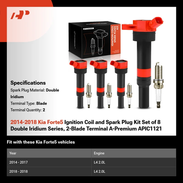 2014-2018 Kia Forte5 Ignition Coil and Spark Plug Kit Set of 8 Double Iridium Series, 2-Blade Terminal A-Premium APIC1121