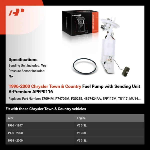 1996-2000 Chrysler Town & Country Fuel Pump with Sending Unit A-Premium APFP0116