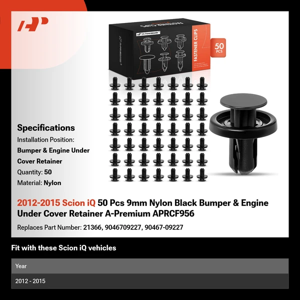 2012-2015 Scion iQ 50 Pcs 9mm Nylon Black Bumper & Engine Under Cover Retainer A-Premium APRCF956