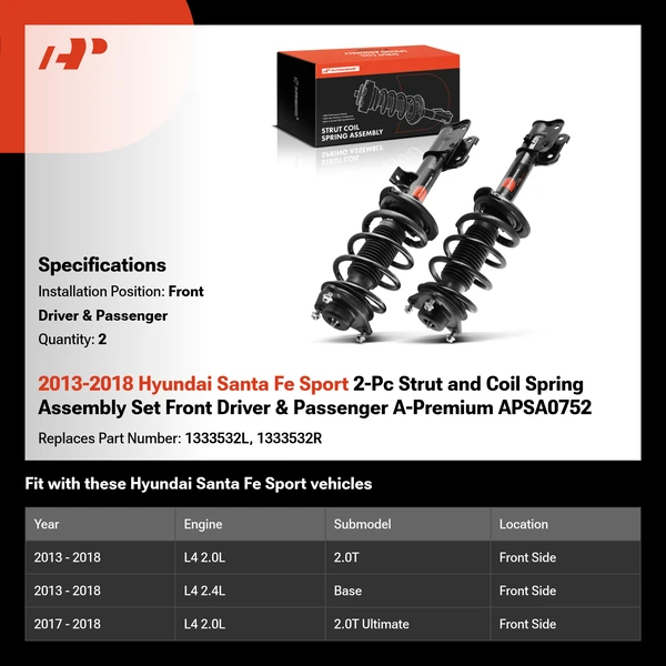 2013-2018 Hyundai Santa Fe Sport 2-Pc Strut and Coil Spring Assembly Set Front Driver & Passenger A-Premium APSA0752