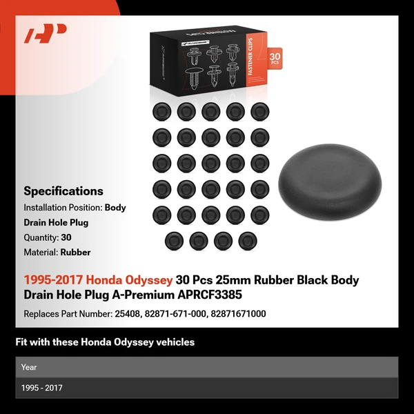 1995-2017 Honda Odyssey 30 Pcs 25mm Rubber Black Body Drain Hole Plug A-Premium APRCF3385