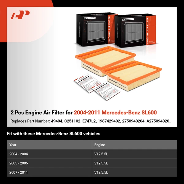2 Pcs Engine Air Filter for 2004-2011 Mercedes-Benz SL600