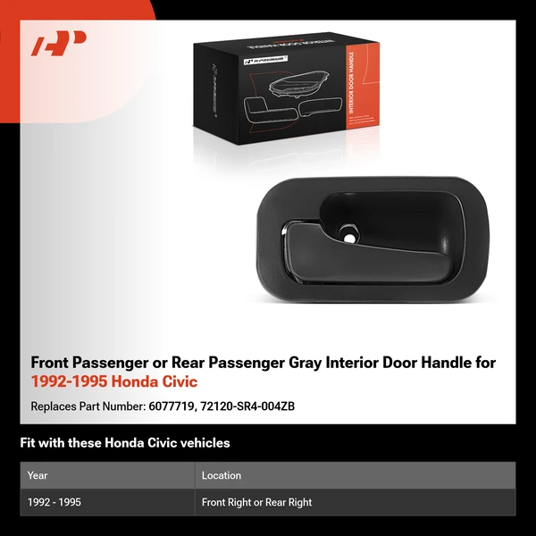 Front Passenger or Rear Passenger Gray Interior Door Handle for 1992-1995 Honda Civic