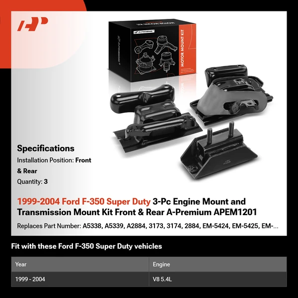 1999-2004 Ford F-350 Super Duty 3-Pc Engine Mount and Transmission Mount Kit Front & Rear A-Premium APEM1201