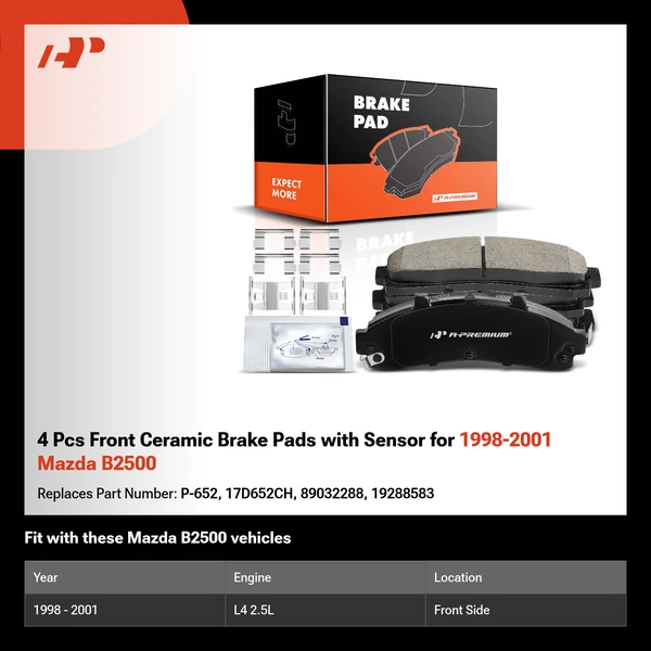 4 Pcs Front Ceramic Brake Pads with Sensor for 1998-2001 Mazda B2500