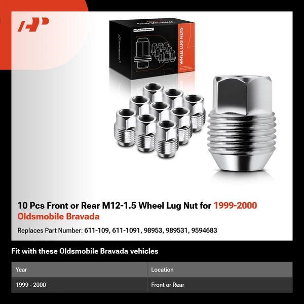 10 Pcs Front or Rear M12-1.5 Wheel Lug Nut for 1999-2000 Oldsmobile Bravada