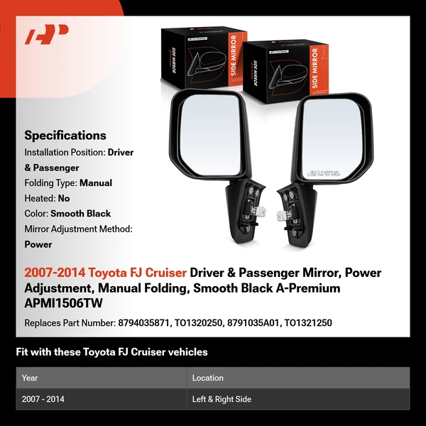 2007-2014 Toyota FJ Cruiser Driver & Passenger Mirror, Power Adjustment, Manual Folding, Smooth Black A-Premium APMI1506TW