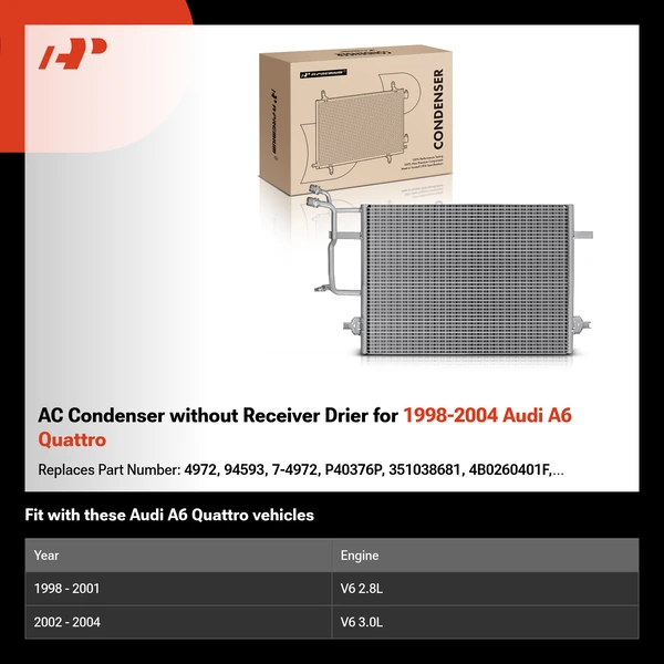 AC Condenser without Receiver Drier for 1998-2004 Audi A6 Quattro