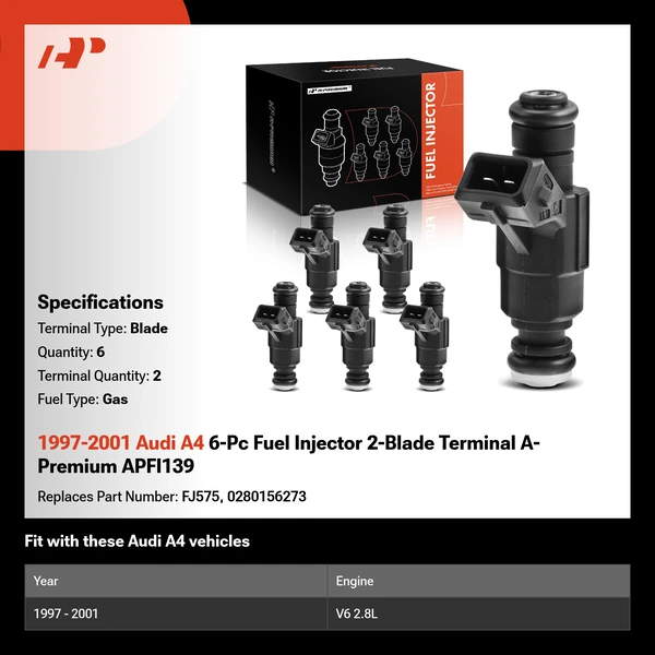 1997-2001 Audi A4 6-Pc Fuel Injector 2-Blade Terminal A-Premium APFI139