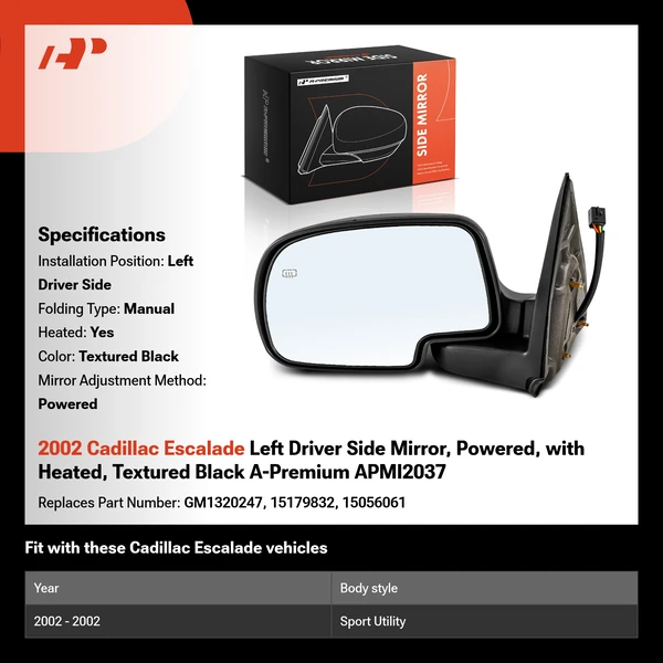 2002 Cadillac Escalade Left Driver Side Mirror, Powered, with Heated, Textured Black A-Premium APMI2037