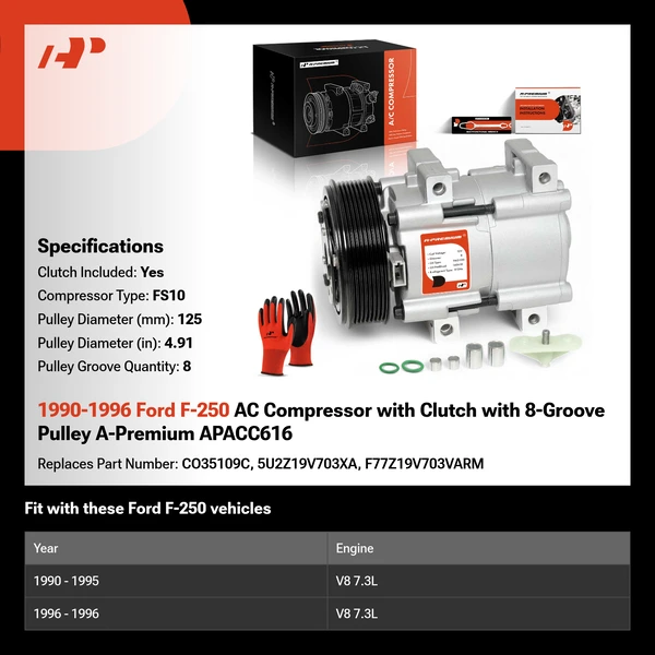 1990-1996 Ford F-250 AC Compressor with Clutch with 8-Groove Pulley A-Premium APACC616