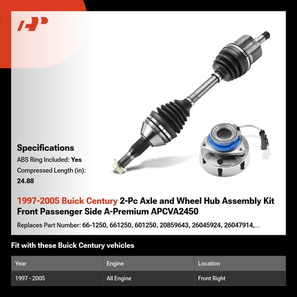 1997-2005 Buick Century 2-Pc Axle and Wheel Hub Assembly Kit Front Passenger Side A-Premium APCVA2450