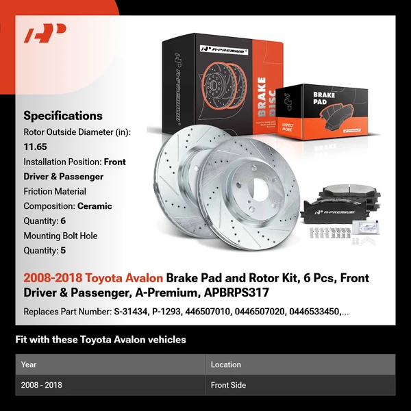 2008-2018 Toyota Avalon Brake Pad and Rotor Kit, 6 Pcs, Front Driver & Passenger, A-Premium, APBRPS317