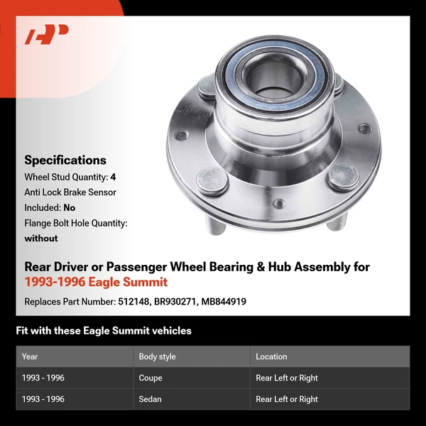 Rear Driver or Passenger Wheel Bearing & Hub Assembly for 1993-1996 Eagle Summit