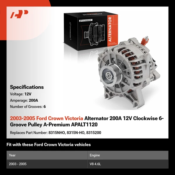 2003-2005 Ford Crown Victoria Alternator 200A 12V Clockwise 6-Groove Pulley A-Premium APALT1120