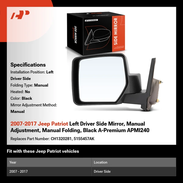 2007-2017 Jeep Patriot Left Driver Side Mirror, Manual Adjustment, Manual Folding, Black A-Premium APMI240