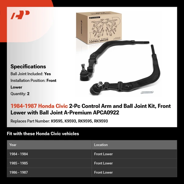 1984-1987 Honda Civic 2-Pc Control Arm and Ball Joint Kit, Front Lower with Ball Joint A-Premium APCA0922