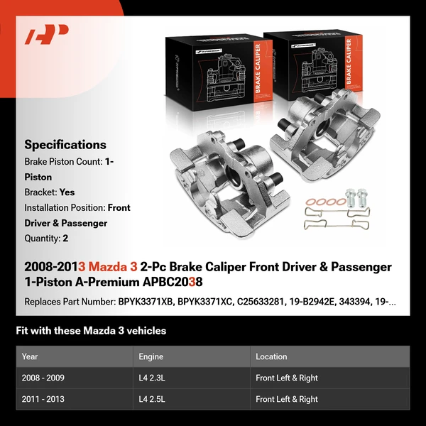 2008-2013 Mazda 3 2-Pc Brake Caliper Front Driver & Passenger 1-Piston A-Premium APBC2038