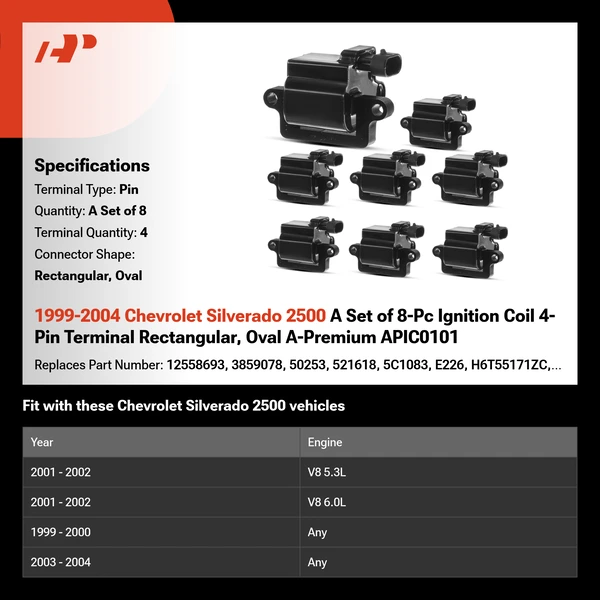 1999-2004 Chevrolet Silverado 2500 A Set of 8-Pc Ignition Coil 4-Pin Terminal Rectangular, Oval A-Premium APIC0101