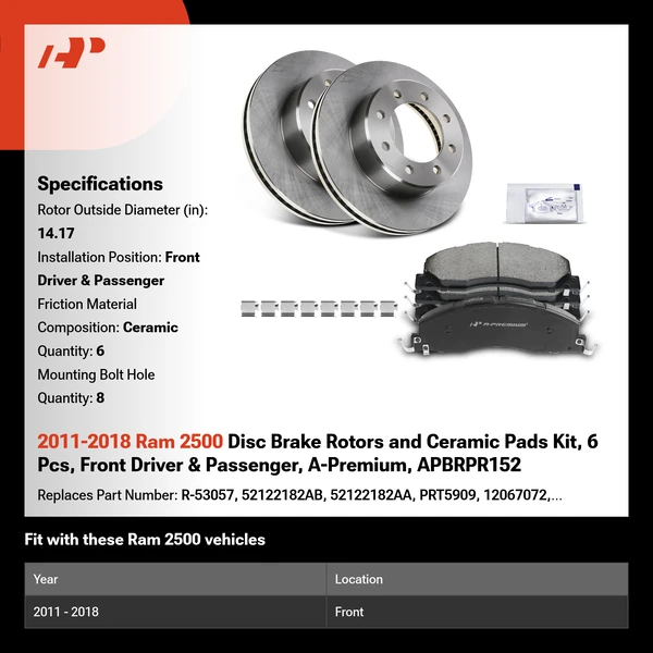2011-2018 Ram 2500 Disc Brake Rotors and Ceramic Pads Kit, 6 Pcs, Front Driver & Passenger, A-Premium, APBRPR152
