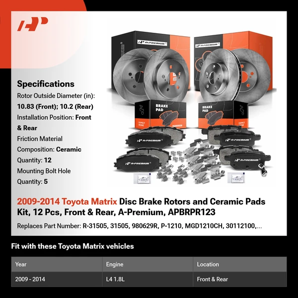 2009-2014 Toyota Matrix Disc Brake Rotors and Ceramic Pads Kit, 12 Pcs, Front & Rear, A-Premium, APBRPR123