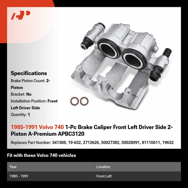 1985-1991 Volvo 740 1-Pc Brake Caliper Front Left Driver Side 2-Piston A-Premium APBC3120