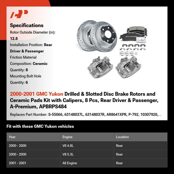 2000-2001 GMC Yukon Drilled & Slotted Disc Brake Rotors and Ceramic Pads Kit with Calipers, 8 Pcs, Rear Driver & Passenger, A-Premium, APBRPS484