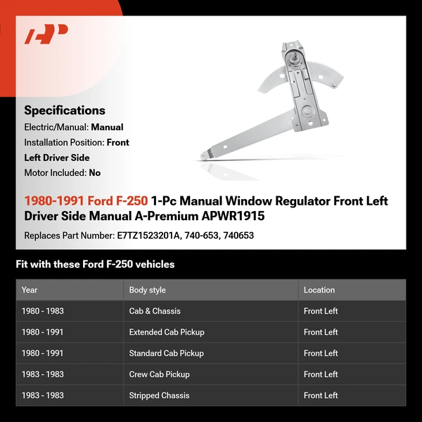 1980-1991 Ford F-250 1-Pc Manual Window Regulator Front Left Driver Side Manual A-Premium APWR1915