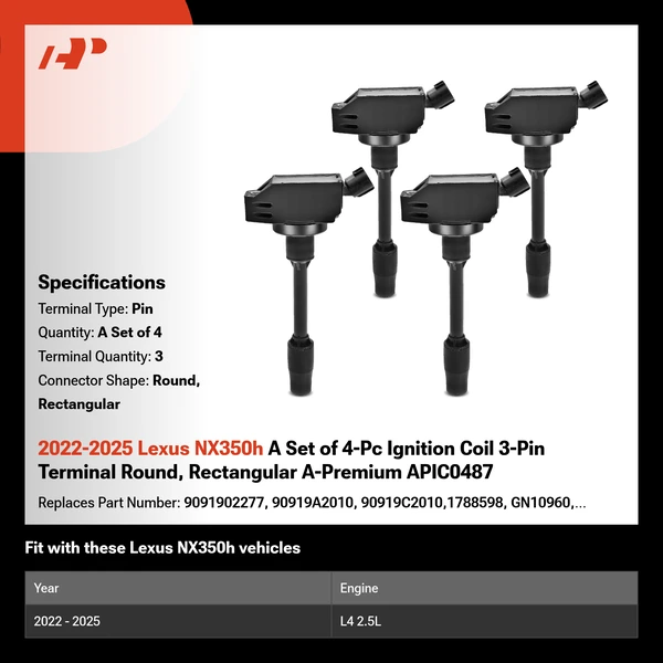 2022-2025 Lexus NX350h A Set of 4-Pc Ignition Coil 3-Pin Terminal Round, Rectangular A-Premium APIC0487