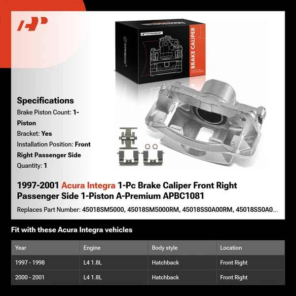 1997-2001 Acura Integra 1-Pc Brake Caliper Front Right Passenger Side 1-Piston A-Premium APBC1081