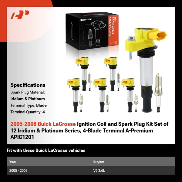 2005-2008 Buick LaCrosse Ignition Coil and Spark Plug Kit Set of 12 Iridium & Platinum Series, 4-Blade Terminal A-Premium APIC1201
