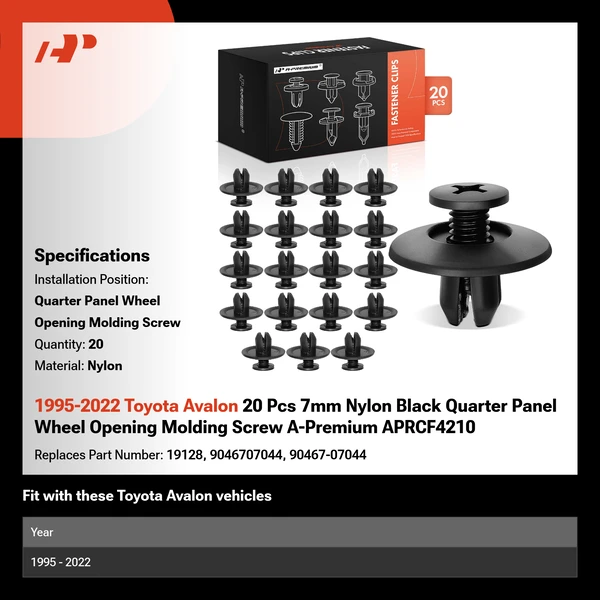 1995-2022 Toyota Avalon 20 Pcs 7mm Nylon Black Quarter Panel Wheel Opening Molding Screw A-Premium APRCF4210