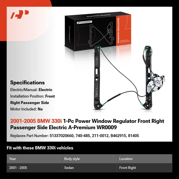 2001-2005 BMW 330i 1-Pc Power Window Regulator Front Right Passenger Side Electric A-Premium WR0009