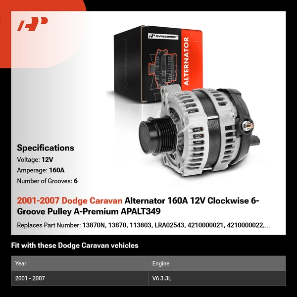 2001-2007 Dodge Caravan Alternator 160A 12V Clockwise 6-Groove Pulley A-Premium APALT349