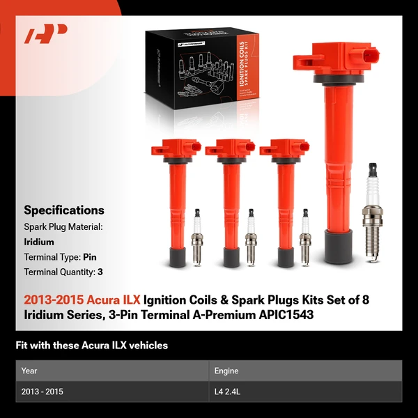 2013-2015 Acura ILX Ignition Coils & Spark Plugs Kits Set of 8 Iridium Series, 3-Pin Terminal A-Premium APIC1543