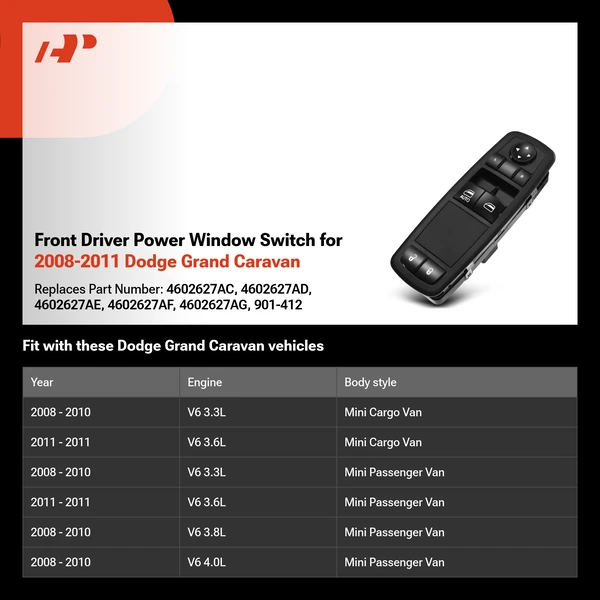 Front Driver Power Window Switch for 2008-2011 Dodge Grand Caravan