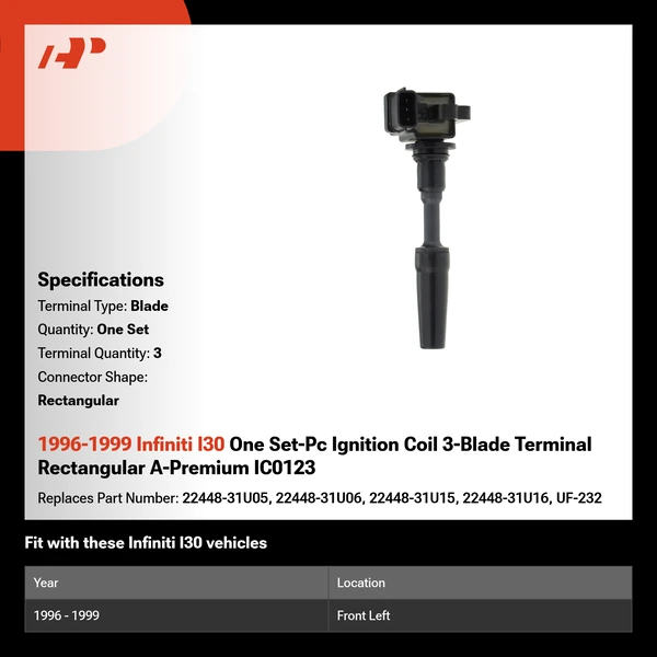 1996-1999 Infiniti I30 One Set-Pc Ignition Coil 3-Blade Terminal Rectangular A-Premium IC0123