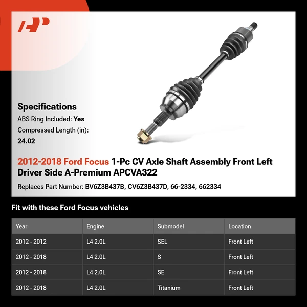 2012-2018 Ford Focus 1-Pc CV Axle Shaft Assembly Front Left Driver Side A-Premium APCVA322