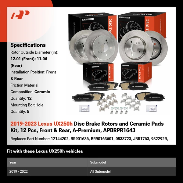2019-2023 Lexus UX250h Disc Brake Rotors and Ceramic Pads Kit, 12 Pcs, Front & Rear, A-Premium, APBRPR1643