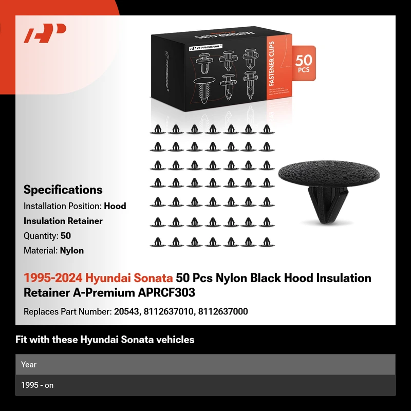 1995-2024 Hyundai Sonata 50 Pcs Nylon Black Hood Insulation Retainer A-Premium APRCF303