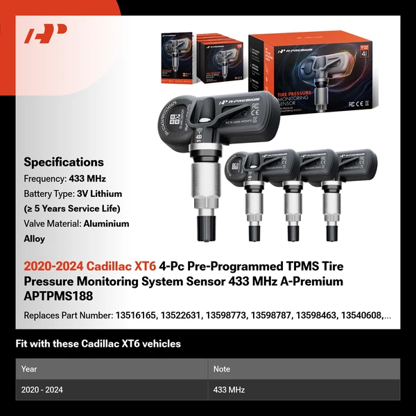 2020-2024 Cadillac XT6 4-Pc Pre-Programmed TPMS Tire Pressure Monitoring System Sensor 433 MHz A-Premium APTPMS188