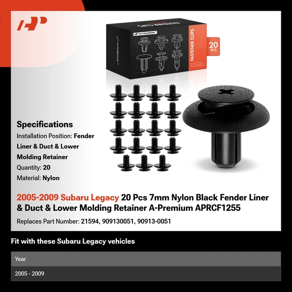 2005-2009 Subaru Legacy 20 Pcs 7mm Nylon Black Fender Liner & Duct & Lower Molding Retainer A-Premium APRCF1255