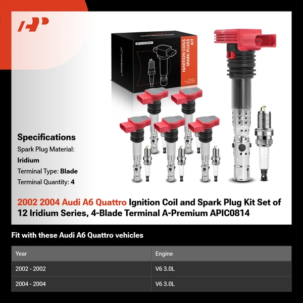 2002 2004 Audi A6 Quattro Ignition Coil and Spark Plug Kit Set of 12 Iridium Series, 4-Blade Terminal A-Premium APIC0814