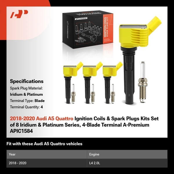 2018-2020 Audi A5 Quattro Ignition Coils & Spark Plugs Kits Set of 8 Iridium & Platinum Series, 4-Blade Terminal A-Premium APIC1584
