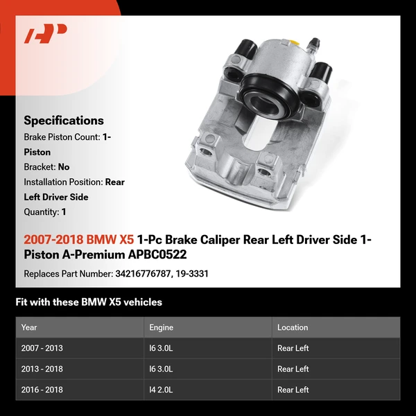 2007-2018 BMW X5 1-Pc Brake Caliper Rear Left Driver Side 1-Piston A-Premium APBC0522