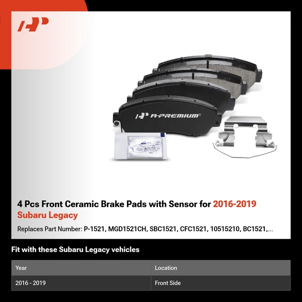4 Pcs Front Ceramic Brake Pads with Sensor for 2016-2019 Subaru Legacy