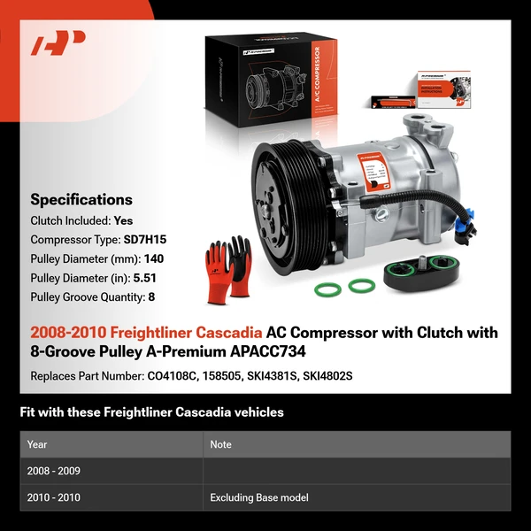 2008-2010 Freightliner Cascadia AC Compressor with Clutch with 8-Groove Pulley A-Premium APACC734