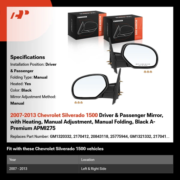 2007-2013 Chevrolet Silverado 1500 Driver & Passenger Mirror, with Heating, Manual Adjustment, Manual Folding, Black A-Premium APMI275